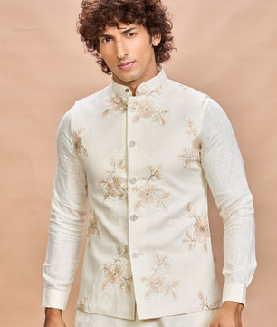 Luxury Cream Embroidered Linen Jacket Kurta Set for Men