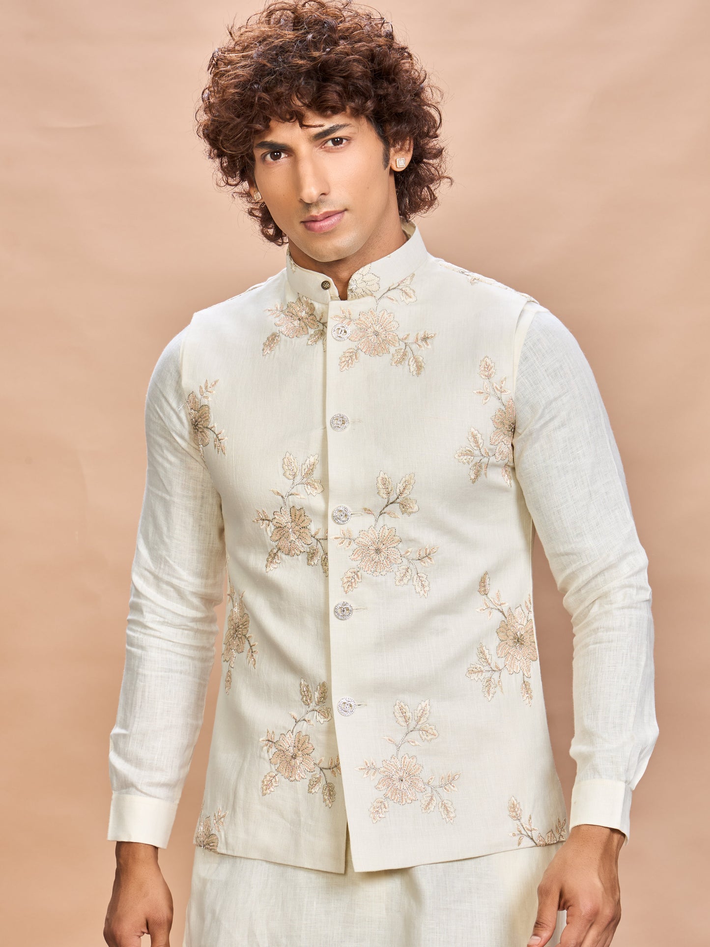 Luxury Cream Embroidered Linen Jacket Kurta Set for Men