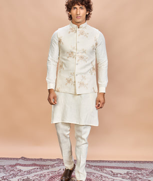 Luxury Cream Embroidered Linen Jacket Kurta Set for Men