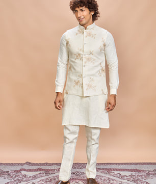 Luxury Cream Embroidered Linen Jacket Kurta Set for Men
