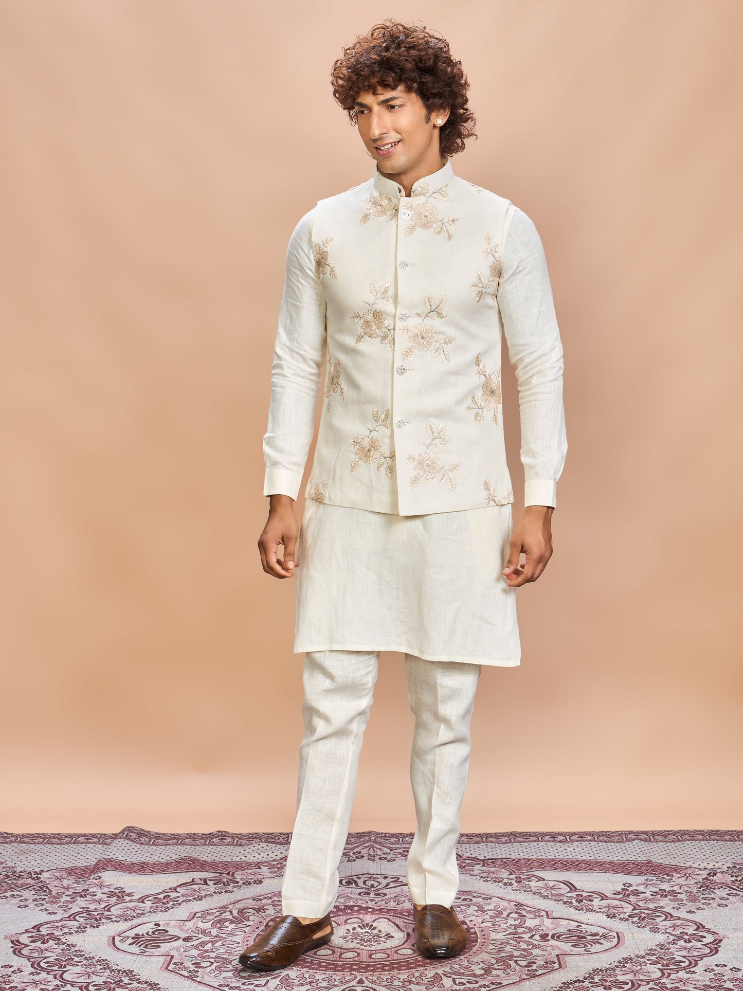 Luxury Cream Embroidered Linen Jacket Kurta Set for Men