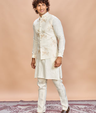 Luxury Cream Embroidered Linen Jacket Kurta Set for Men