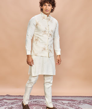 Luxury Cream Embroidered Linen Jacket Kurta Set for Men