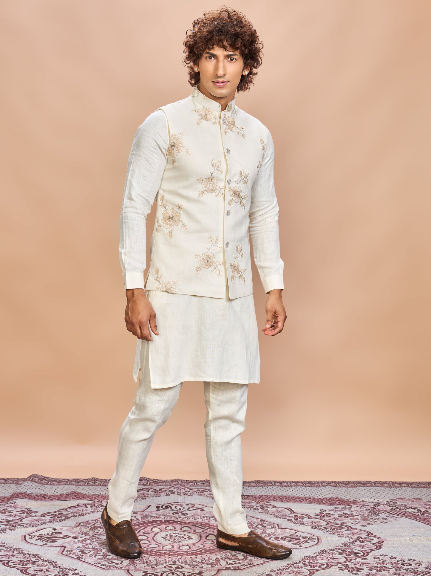 Luxury Cream Embroidered Linen Jacket Kurta Set for Men