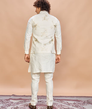 Luxury Cream Embroidered Linen Jacket Kurta Set for Men