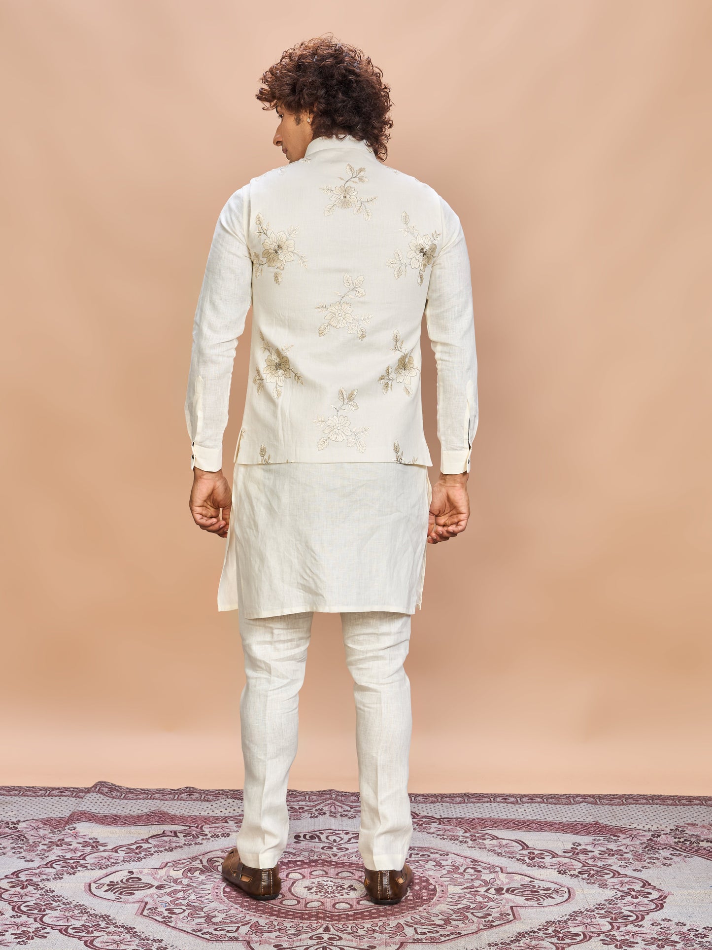 Luxury Cream Embroidered Linen Jacket Kurta Set for Men
