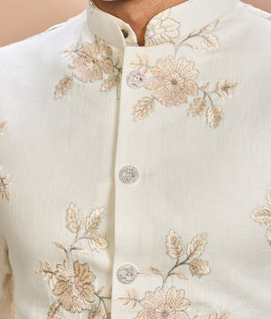 Luxury Cream Embroidered Linen Jacket Kurta Set for Men