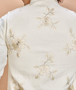 Luxury Cream Embroidered Linen Jacket Kurta Set for Men