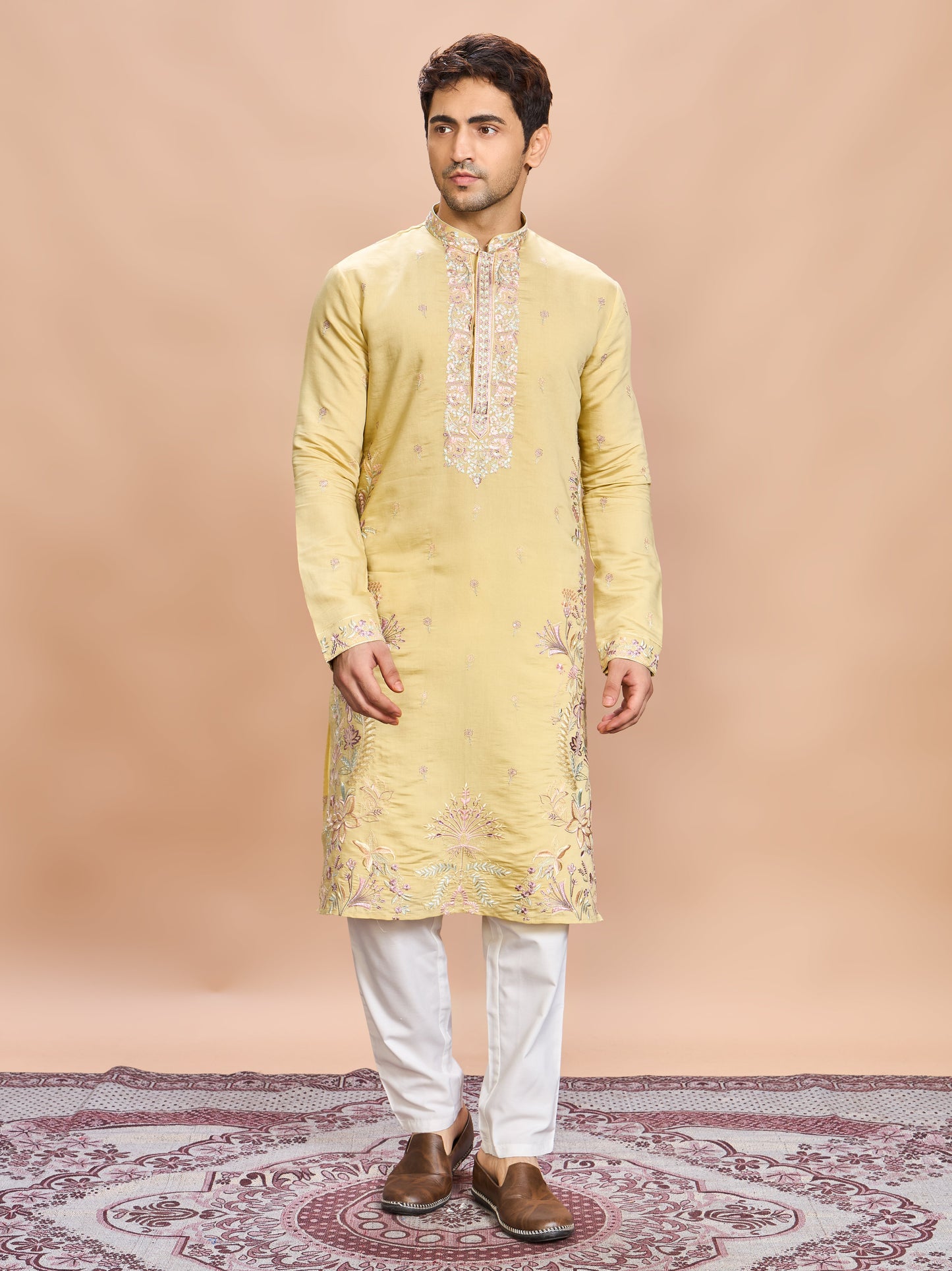 Mustard Silk Embroidered Kurta Set