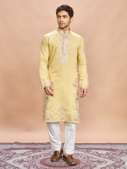 Mustard Silk Embroidered Kurta Set