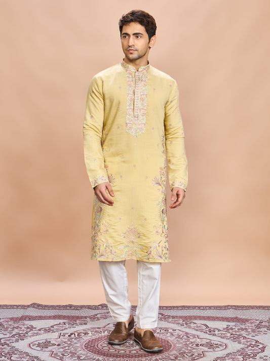Mustard Silk Embroidered Kurta Set