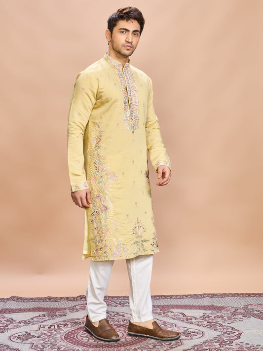 Mustard Silk Embroidered Kurta Set
