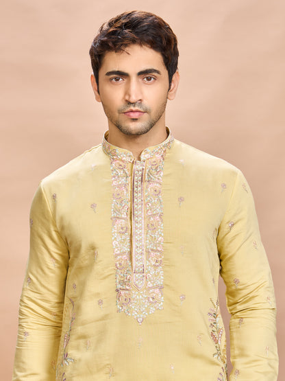 Mustard Silk Embroidered Kurta Set