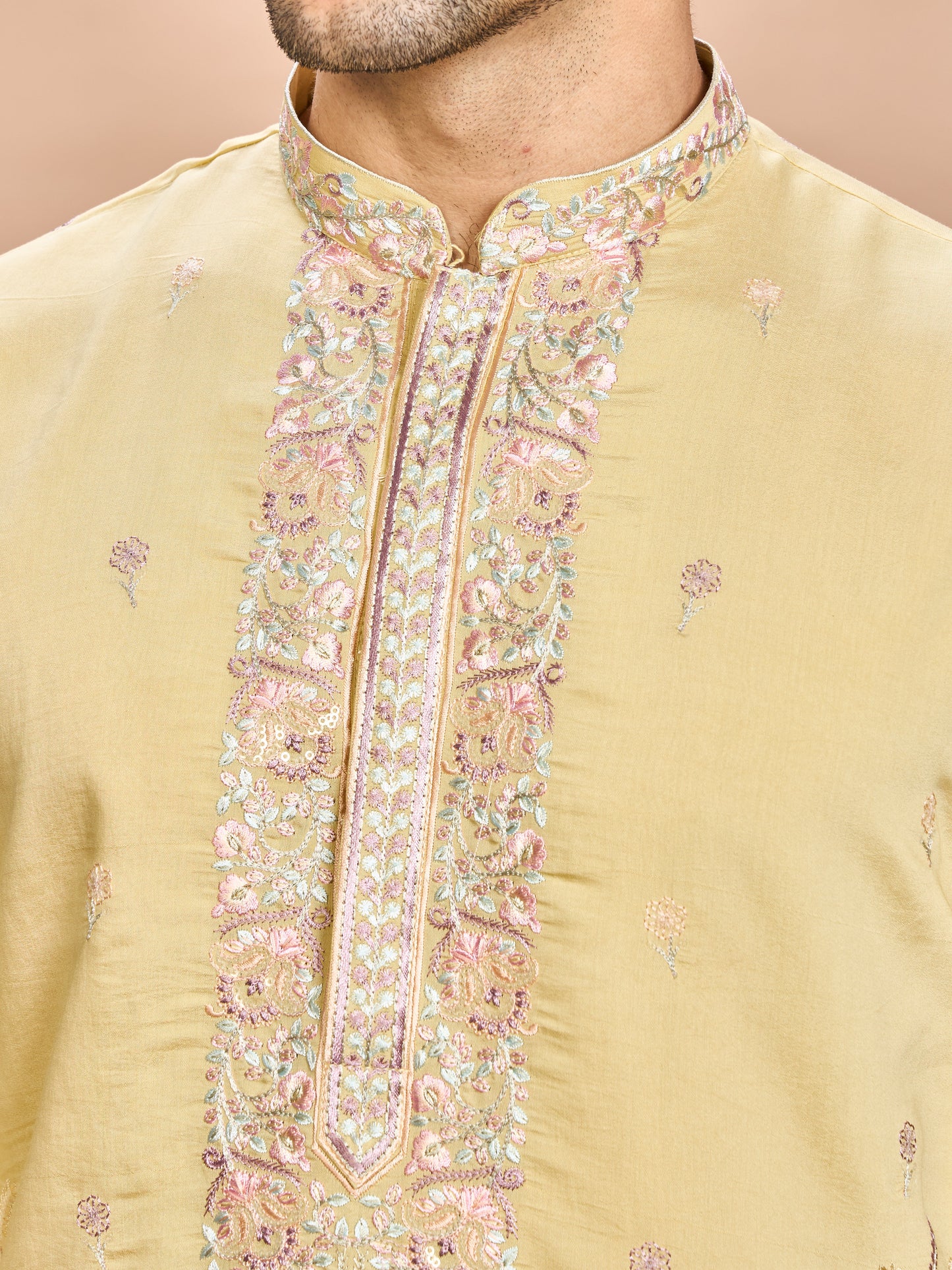 Mustard Silk Embroidered Kurta Set