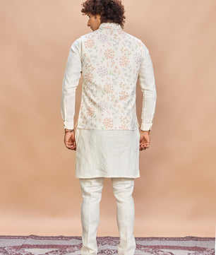 Multi Floral Printed Linen Jacket Kurta Set for Men