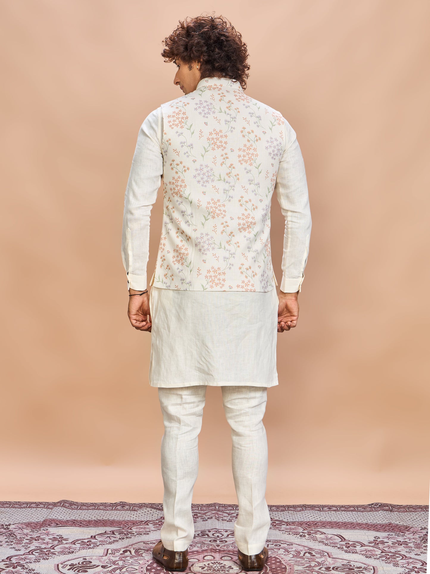 Multi Floral Printed Linen Jacket Kurta Set for Men