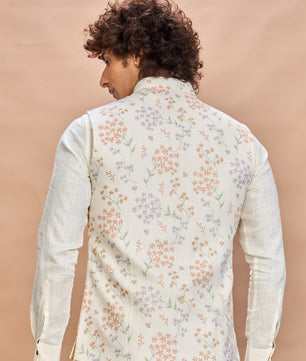 Multi Floral Printed Linen Jacket Kurta Set for Men