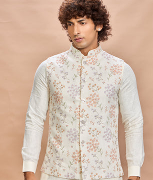 Multi Floral Printed Linen Jacket Kurta Set for Men