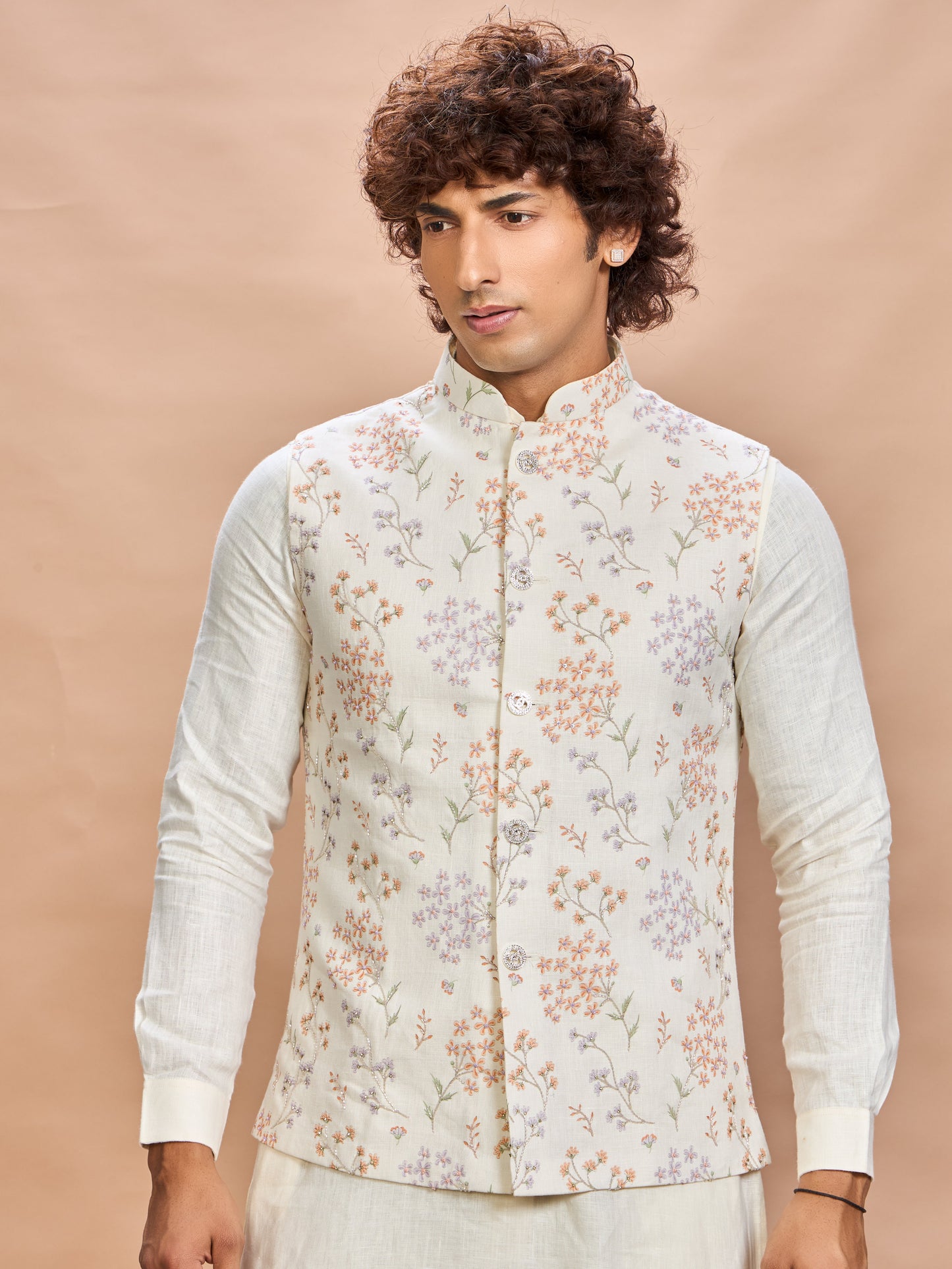 Multi Floral Printed Linen Jacket Kurta Set for Men