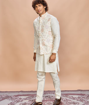 Multi Floral Printed Linen Jacket Kurta Set for Men