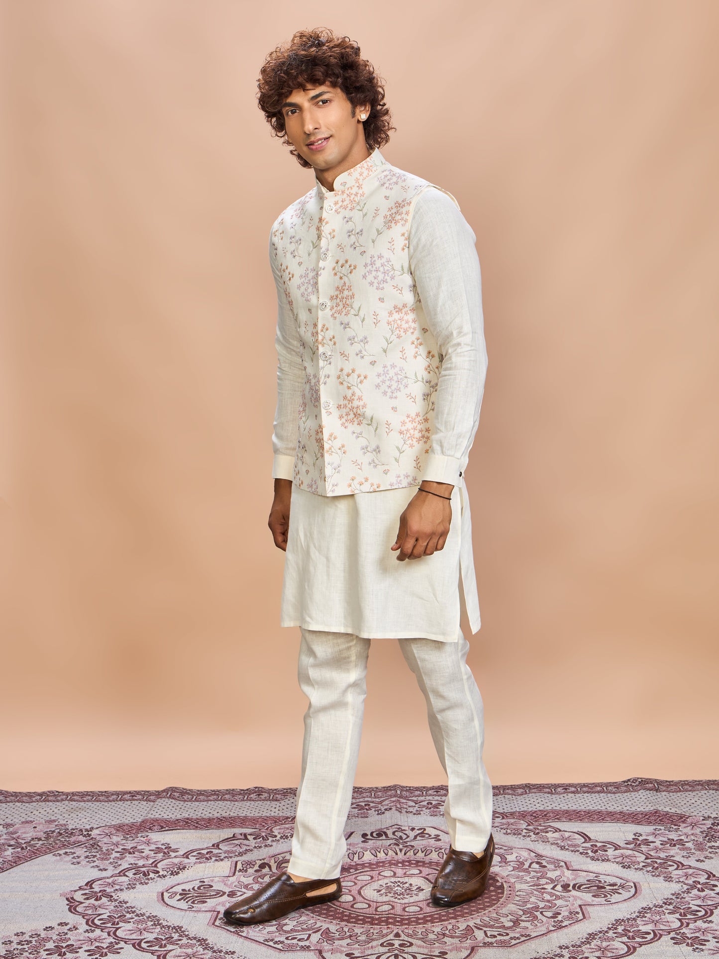 Multi Floral Printed Linen Jacket Kurta Set for Men