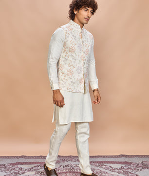 Multi Floral Printed Linen Jacket Kurta Set for Men