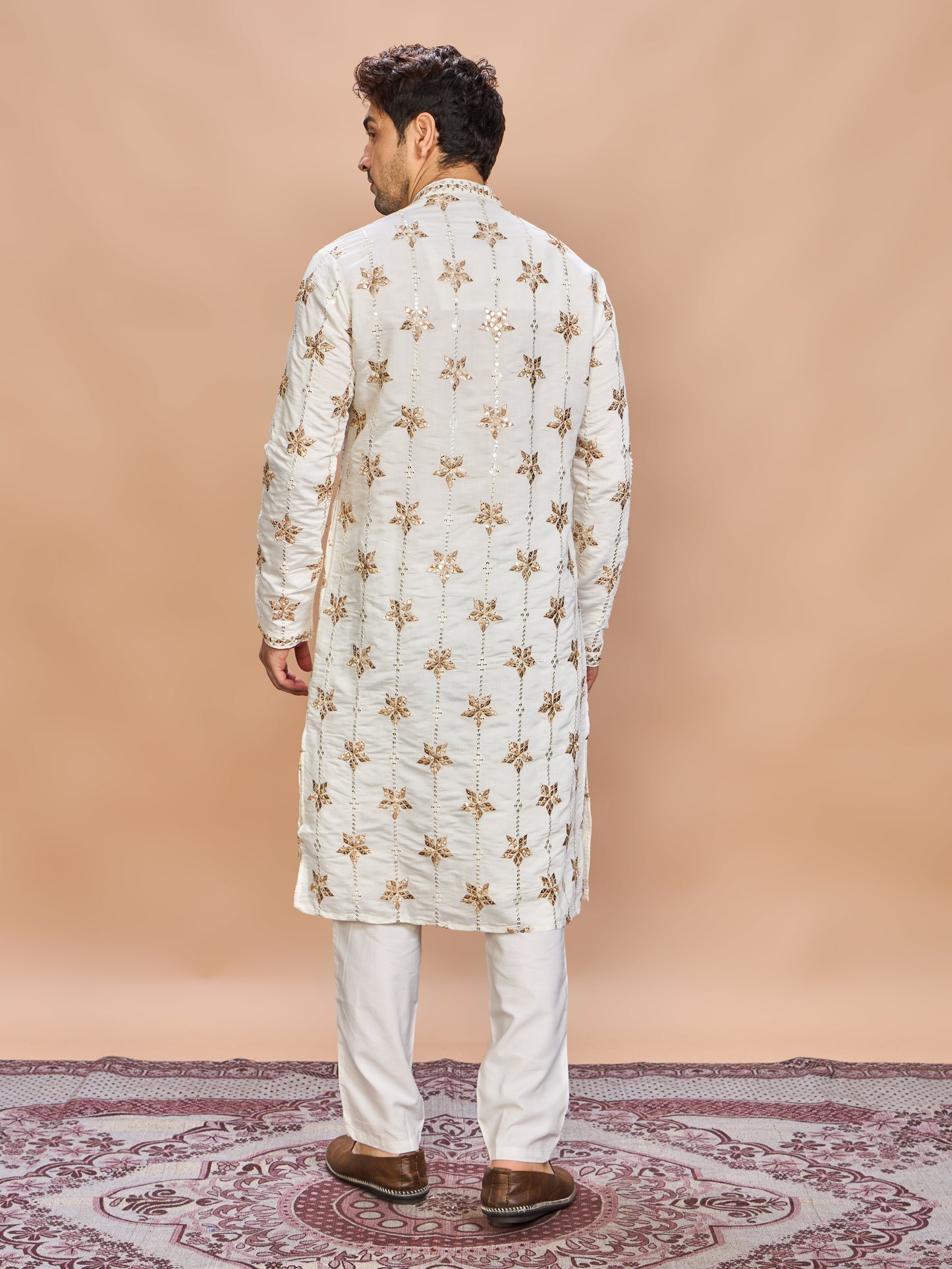 Cream Silk Embroidered Kurta Set