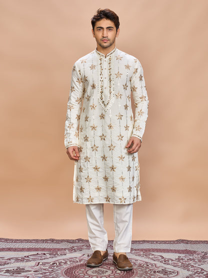Cream Silk Embroidered Kurta Set