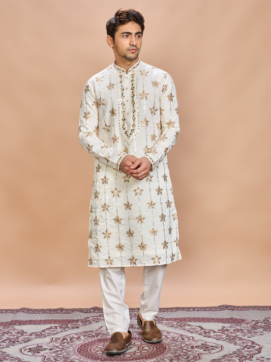 Cream Silk Embroidered Kurta Set