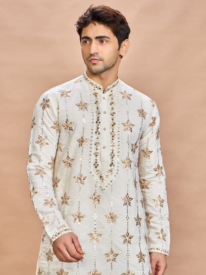 Cream Silk Embroidered Kurta Set