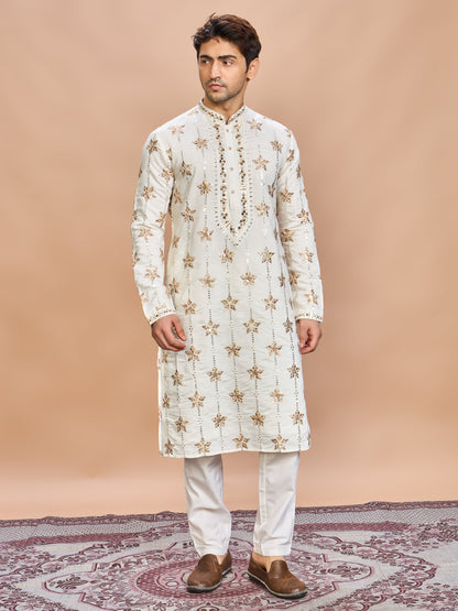 Cream Silk Embroidered Kurta Set