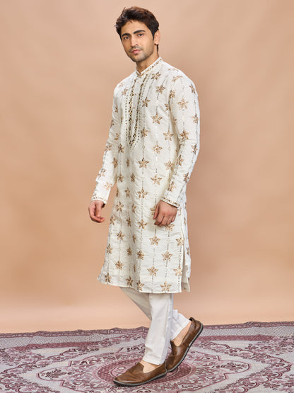 Cream Silk Embroidered Kurta Set