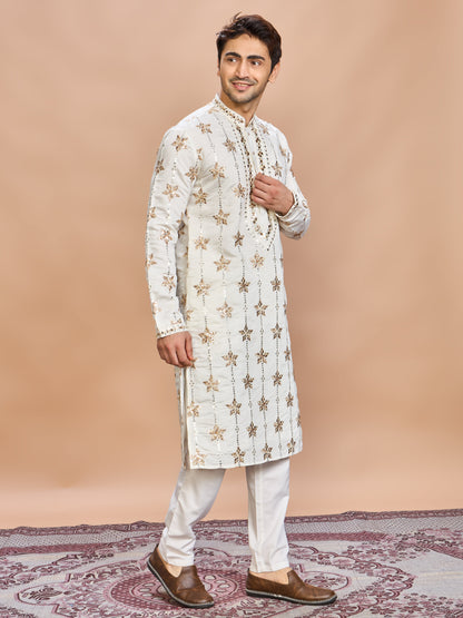 Cream Silk Embroidered Kurta Set
