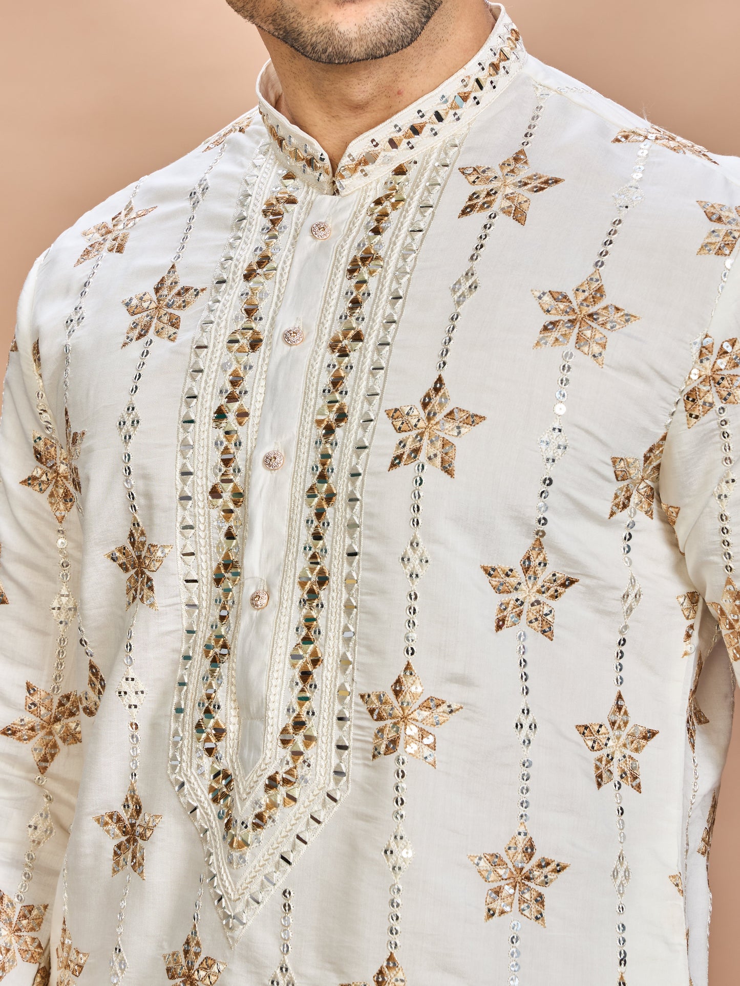 Cream Silk Embroidered Kurta Set
