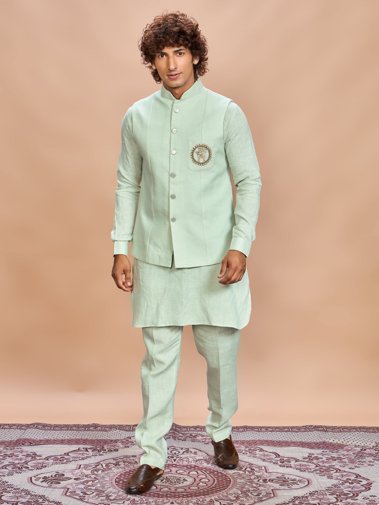 Pista Linen Jacket Kurta Set for Men