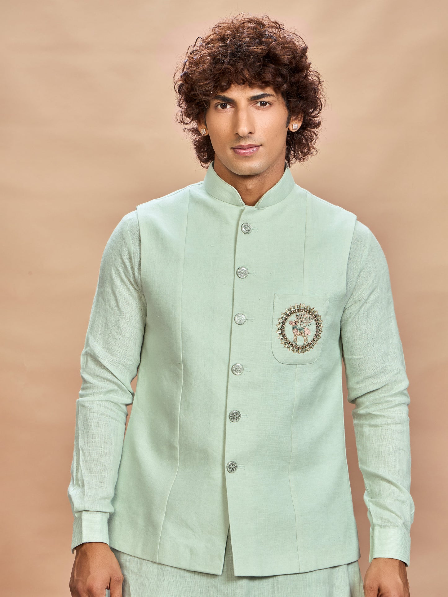 Pista Linen Jacket Kurta Set for Men