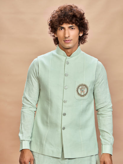 Pista Linen Jacket Kurta Set for Men