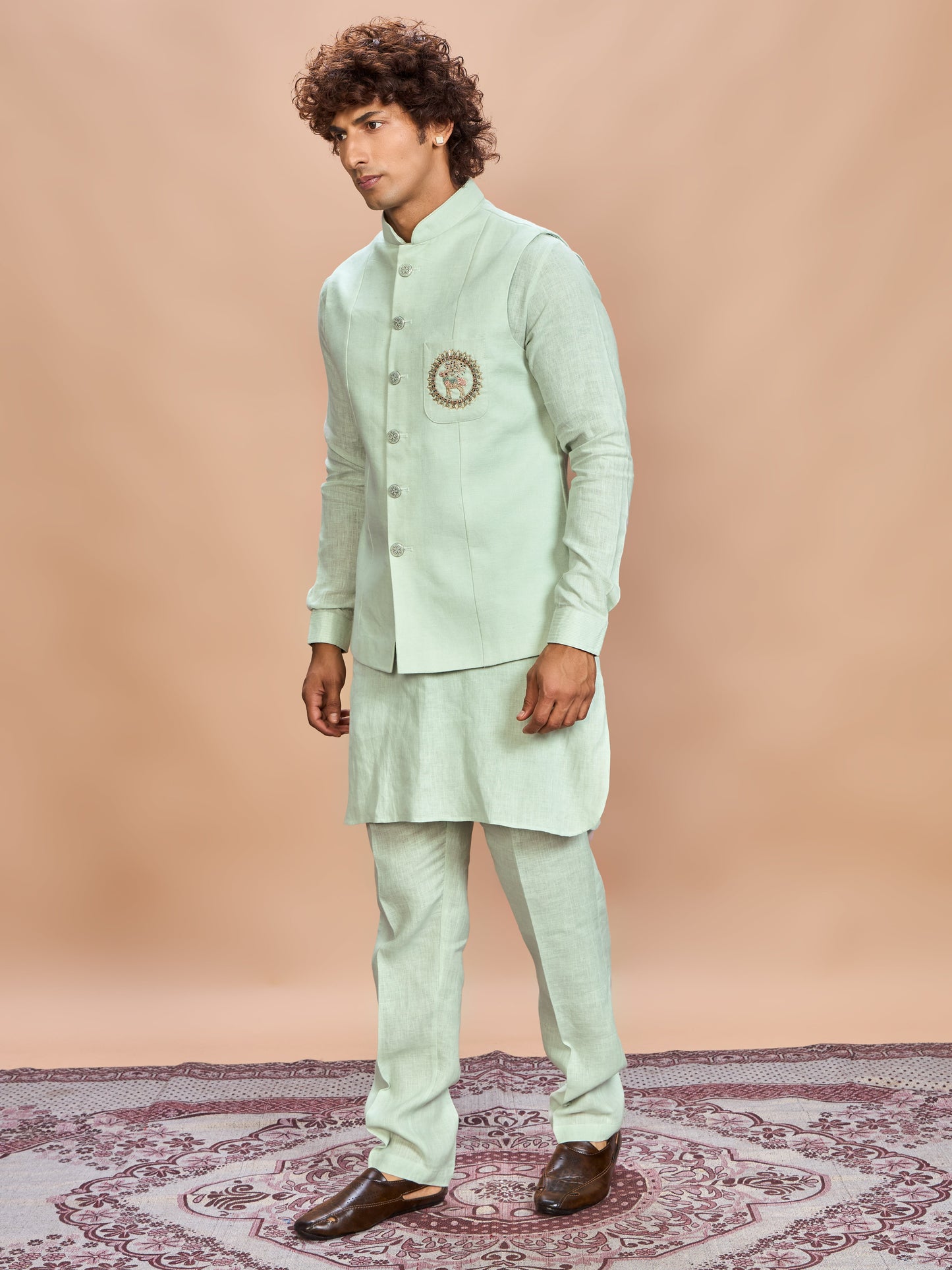 Pista Linen Jacket Kurta Set for Men