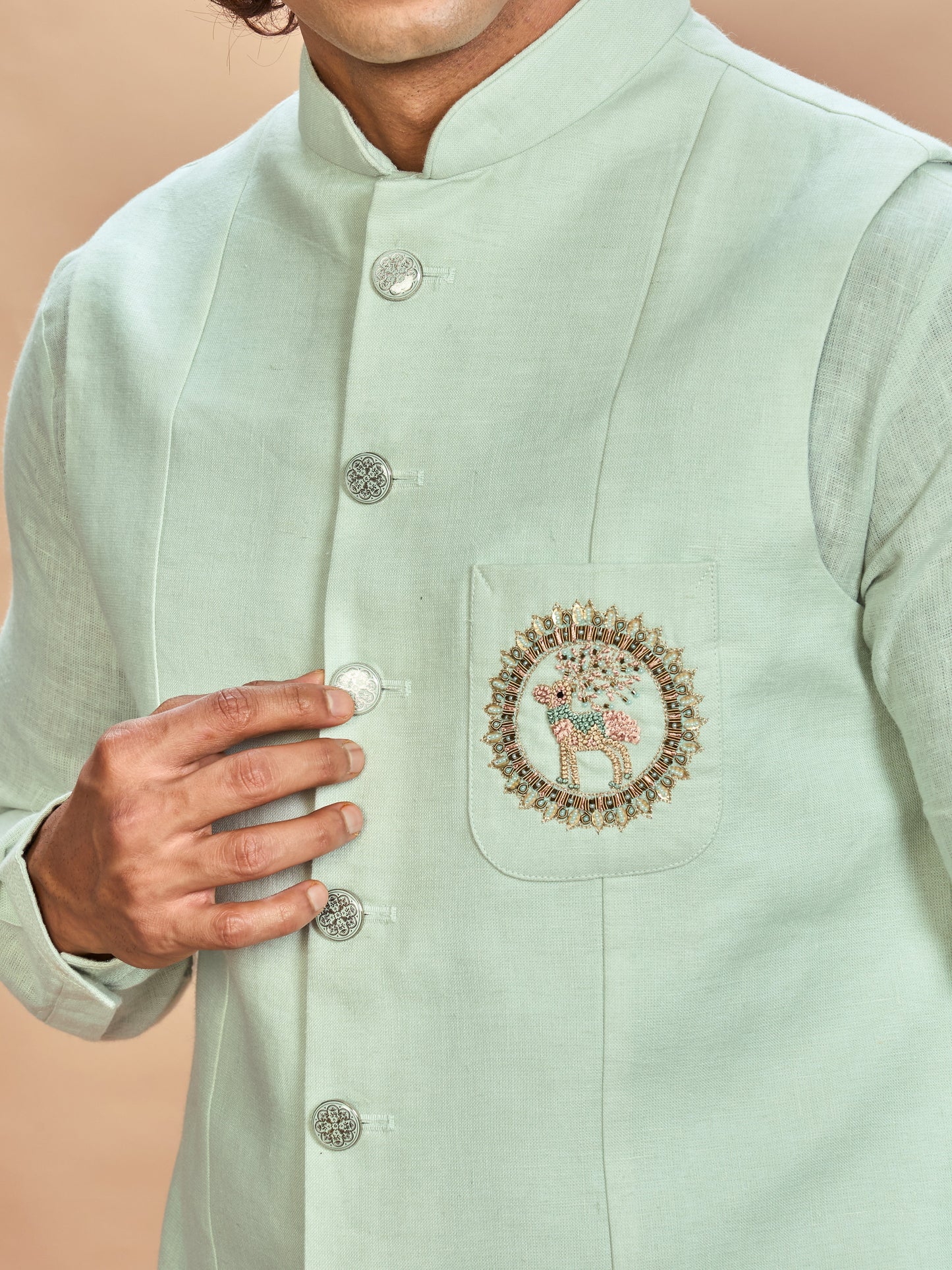 Pista Linen Jacket Kurta Set for Men