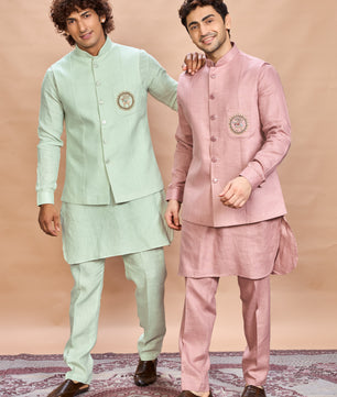 Pink Linen Jacket Kurta Set for Men