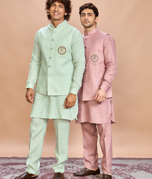 Pink Linen Jacket Kurta Set for Men