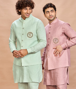 Pink Linen Jacket Kurta Set for Men