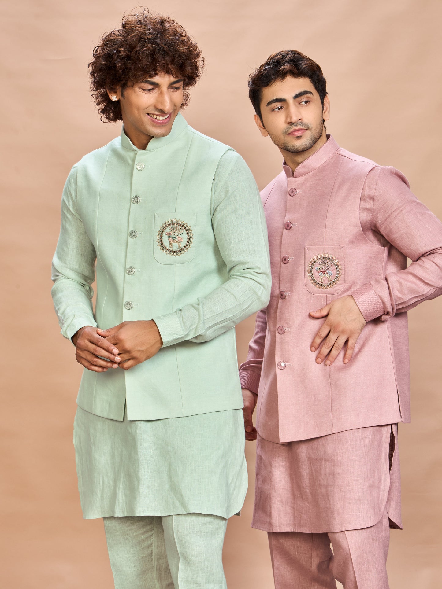 Pink Linen Jacket Kurta Set for Men