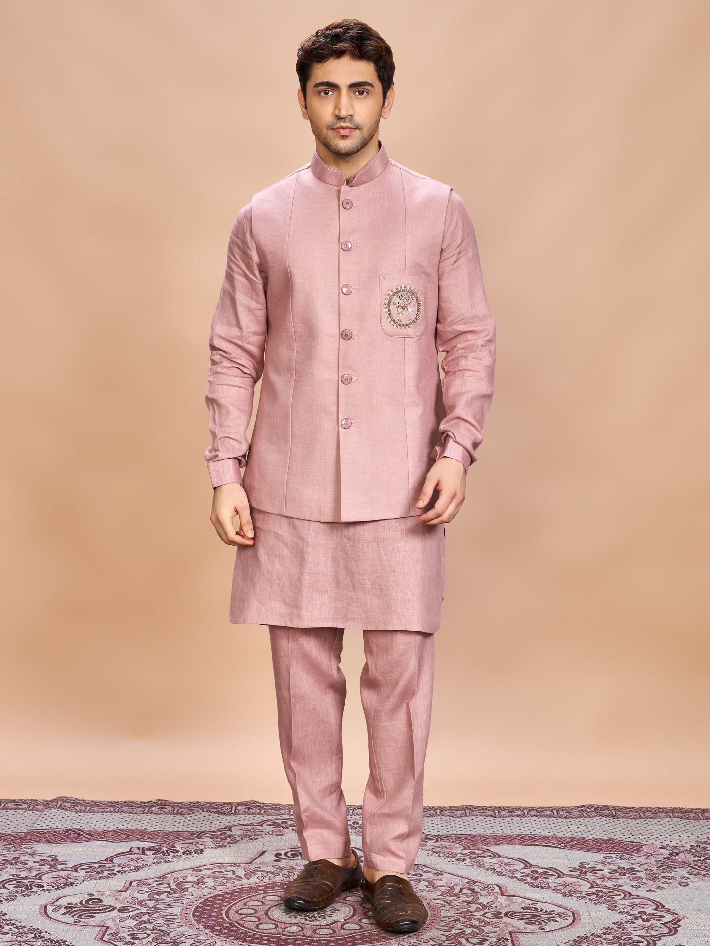 Pink Linen Jacket Kurta Set for Men