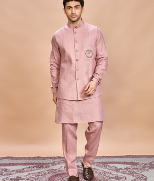 Pink Linen Jacket Kurta Set for Men