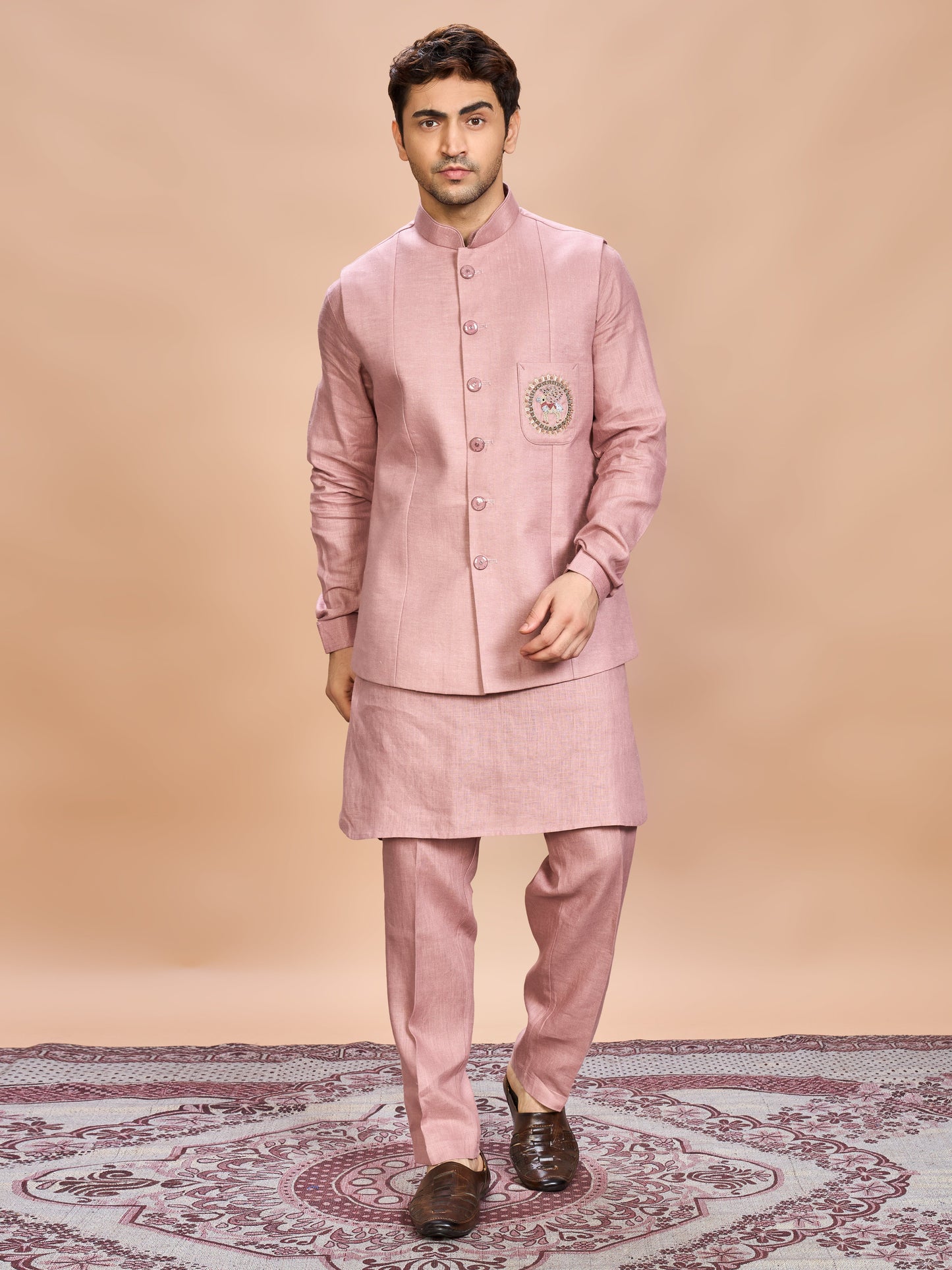 Pink Linen Jacket Kurta Set for Men