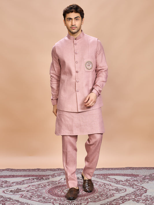 Pink Linen Jacket Kurta Set for Men