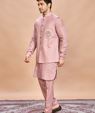 Pink Linen Jacket Kurta Set for Men