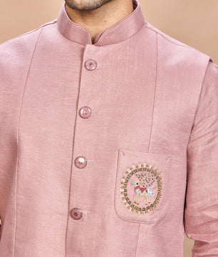 Pink Linen Jacket Kurta Set for Men