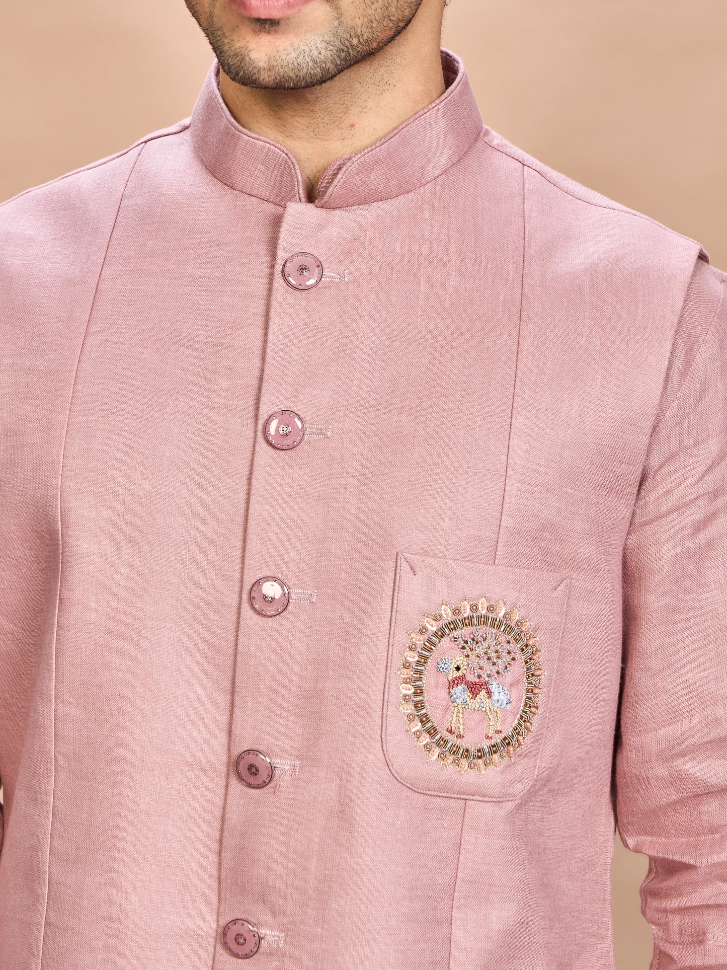 Pink Linen Jacket Kurta Set for Men